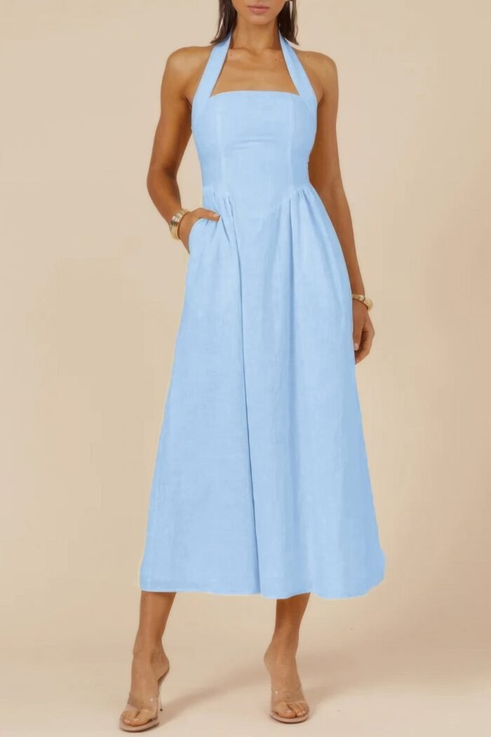 Halter solid pockets sleeveless a line long dress