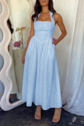 Halter Solid Pockets Sleeveless A Line Long Dress