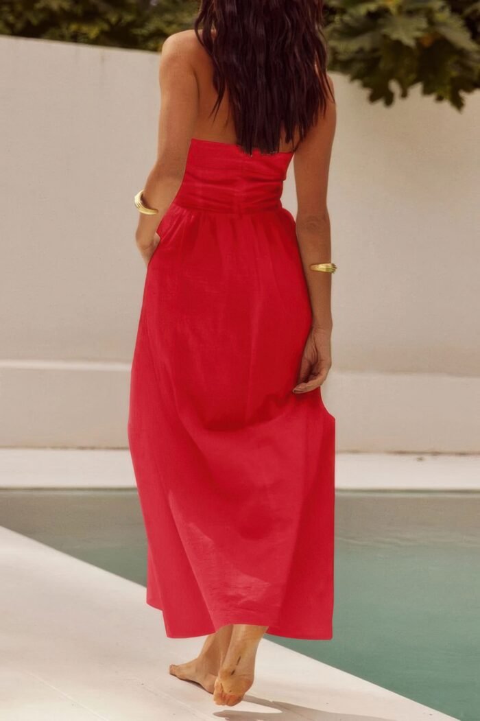 Halter solid pockets sleeveless a line long dress