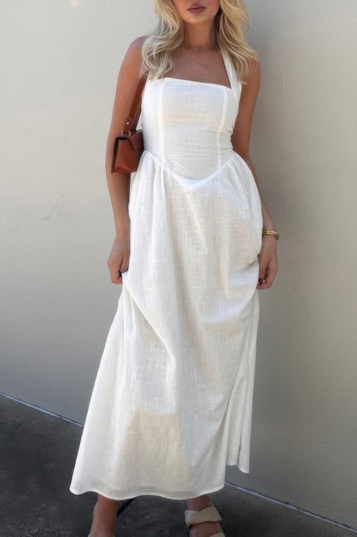 Halter solid pockets sleeveless a line long dress