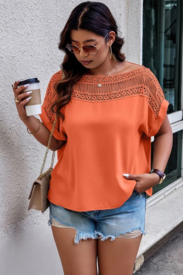 Lace plus pattern printed batwing sleeve blouse