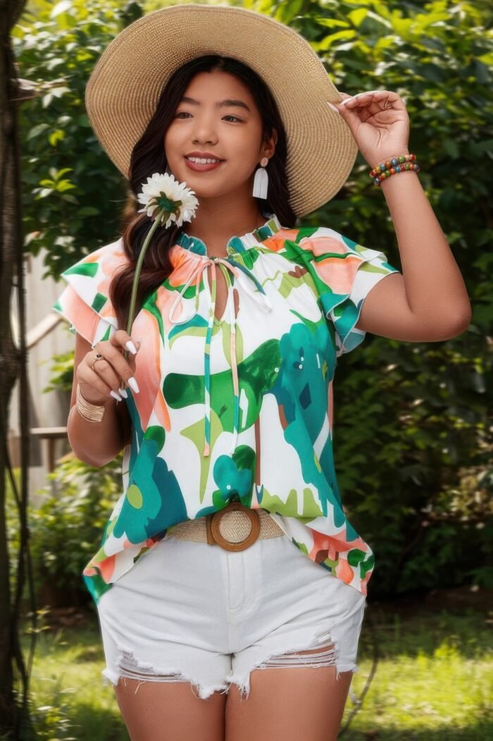 Plus random print ruffled sleeve boho blouse