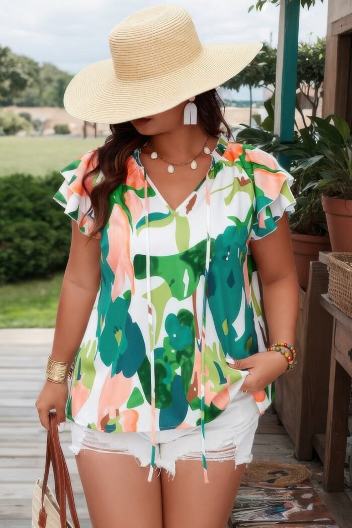 Plus random print ruffled sleeve boho blouse