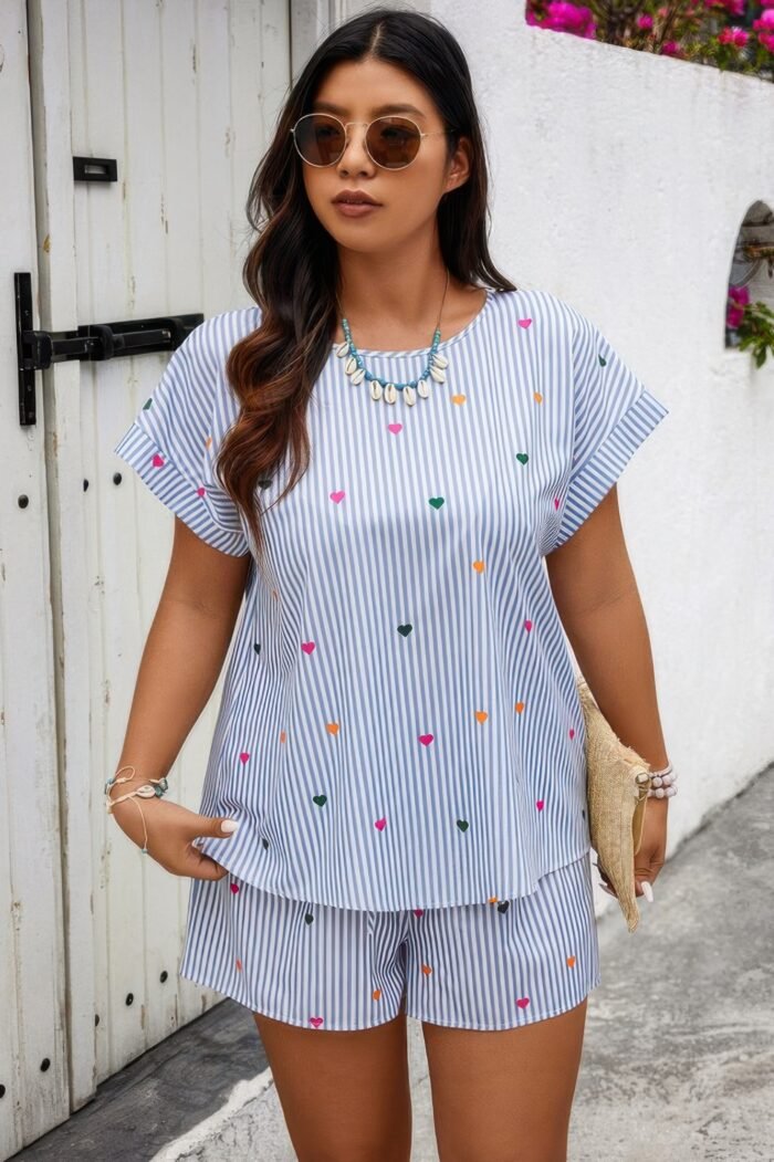 Heart print plus size two pieces strip loose sets