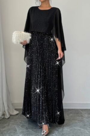 Elegant Sequin Satin Knit Pleated Long Dress