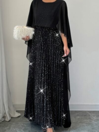Elegant Sequin Satin Knit Pleated Long Dress