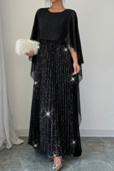Elegant Sequin Satin Knit Pleated Long Dress