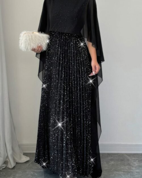 Elegant Sequin Satin Knit Pleated Long Dress