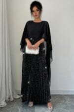 Elegant Sequin Satin Knit Pleated Long Dress