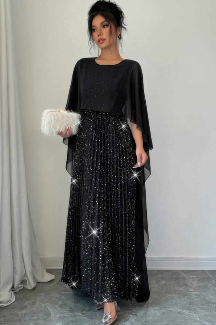 Elegant Sequin Satin Knit Pleated Long Dress - Image 4