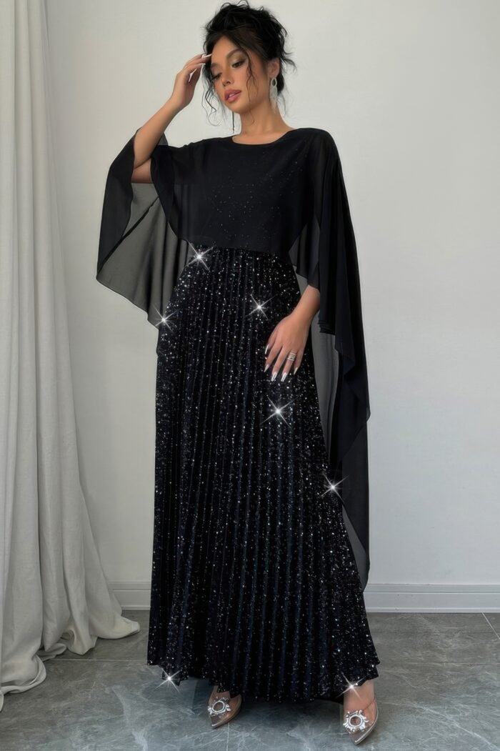Elegant Sequin Satin Knit Pleated Long Dress - Image 5
