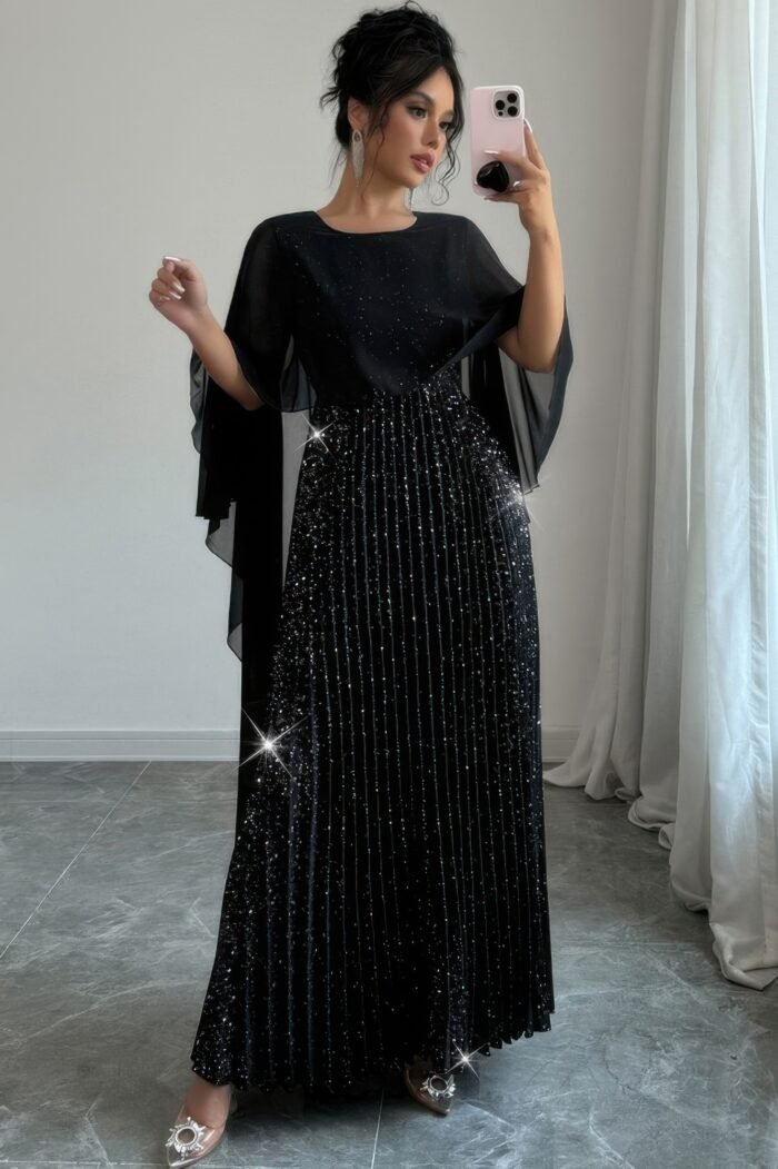 Elegant Sequin Satin Knit Pleated Long Dress - Image 6