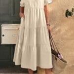 Solid V Neck A Line Ruffle Hem Pleated Dress