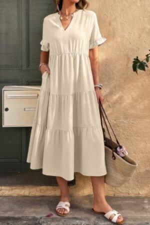 Solid V Neck A Line Ruffle Hem Pleated Dress