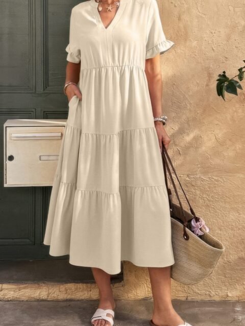 Solid V Neck A Line Ruffle Hem Pleated Dress