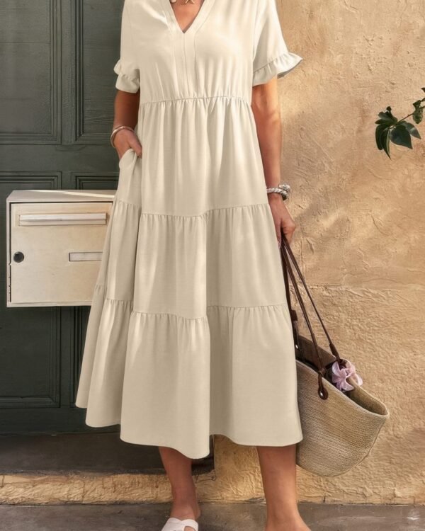 Solid V Neck A Line Ruffle Hem Pleated Dress