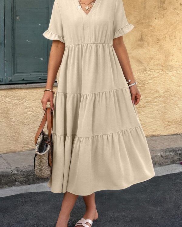 Solid V Neck A Line Ruffle Hem Pleated Dress