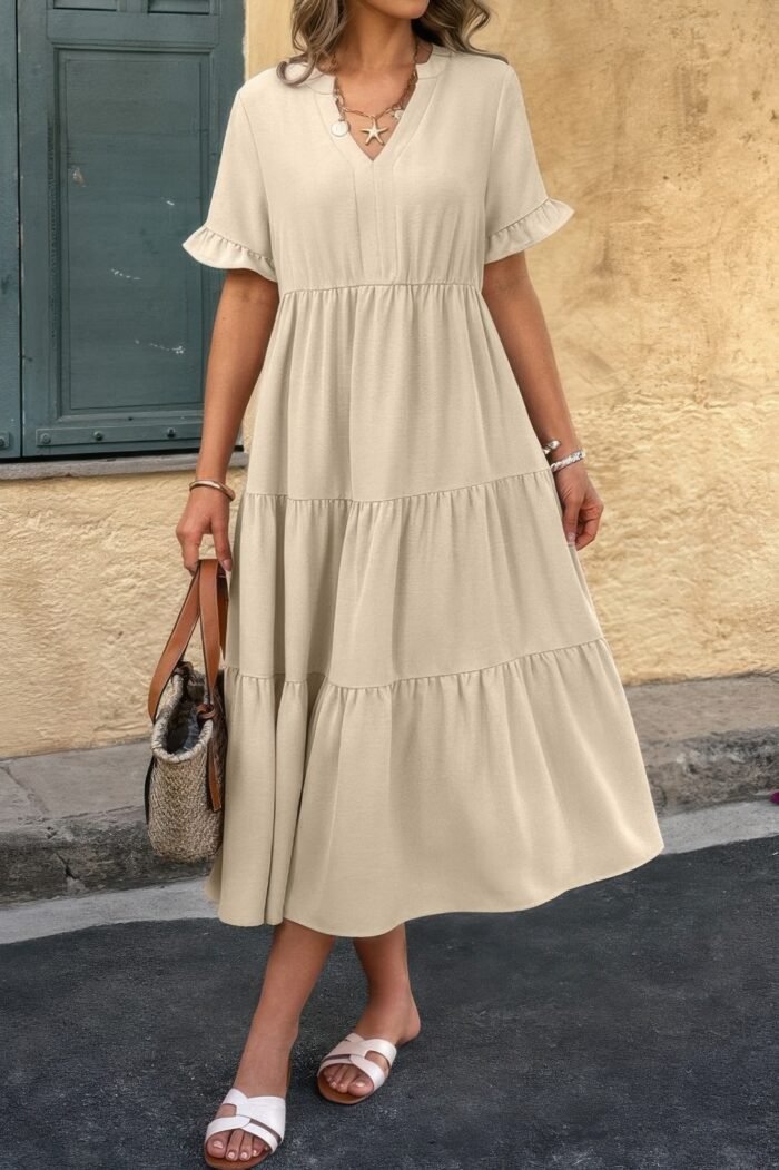 Solid v neck a line ruffle hem pleated dress