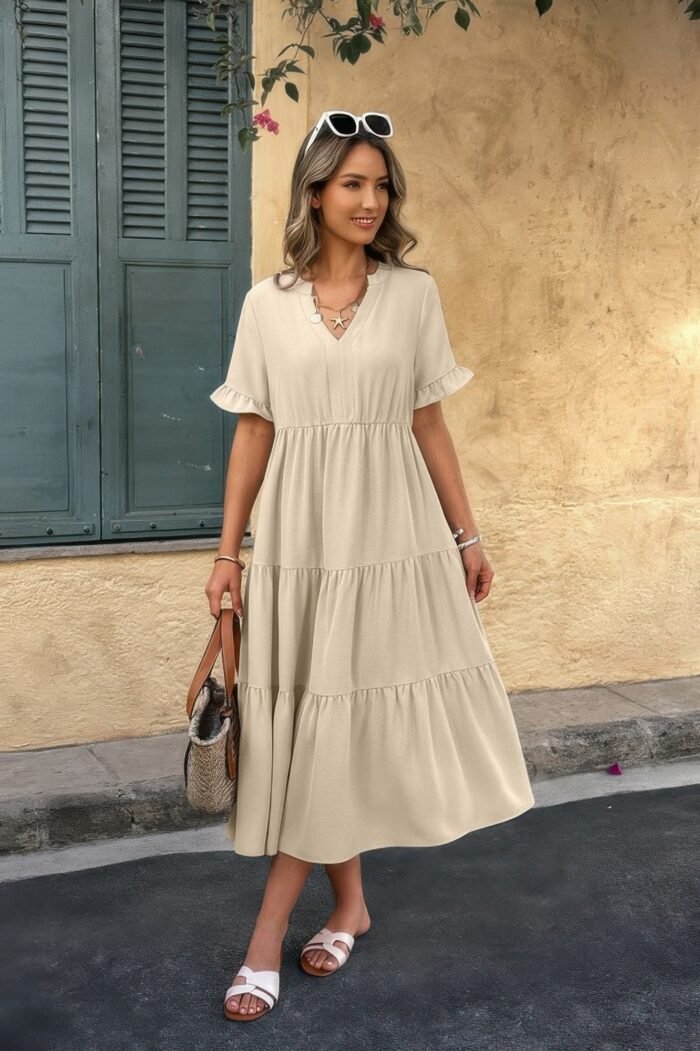 Solid v neck a line ruffle hem pleated dress