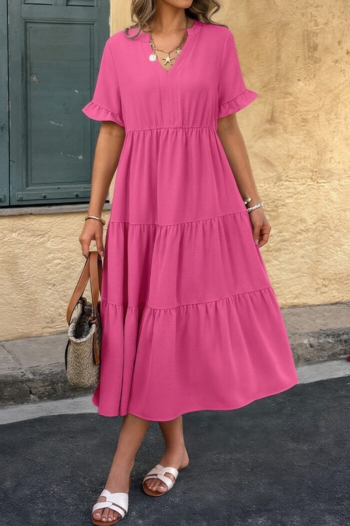 Solid v neck a line ruffle hem pleated dress