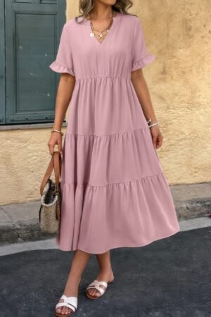 Solid V Neck A Line Ruffle Hem Pleated Dress Solid V Neck A Line Ruffle Hem Pleated Dress