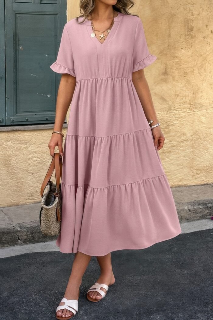 Solid v neck a line ruffle hem pleated dress