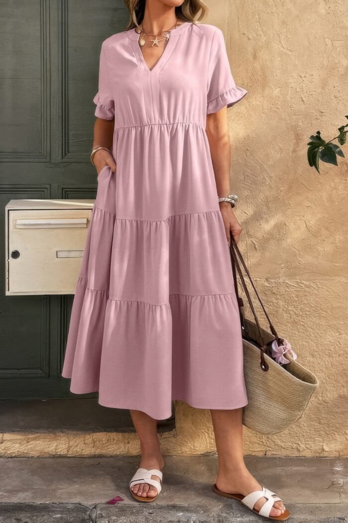 Solid v neck a line ruffle hem pleated dress