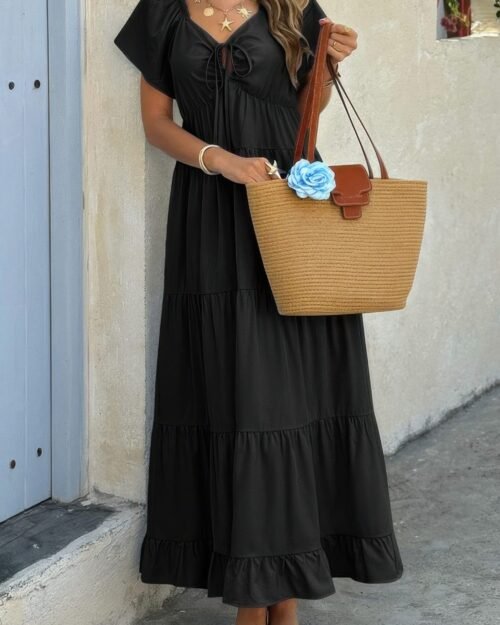 cross v neck knot pockets ruffle hem dress