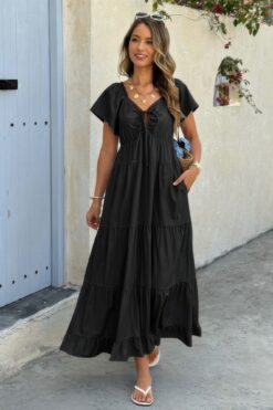 Cross V Neck Knot Pockets Ruffle Hem Dress