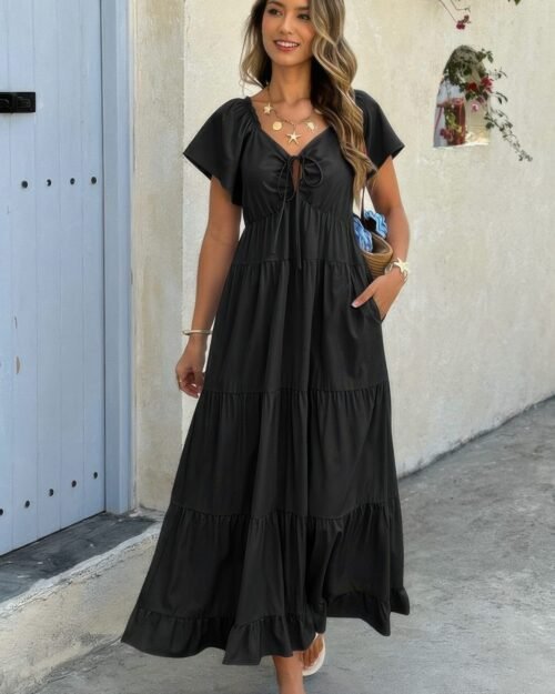 cross v neck knot pockets ruffle hem dress