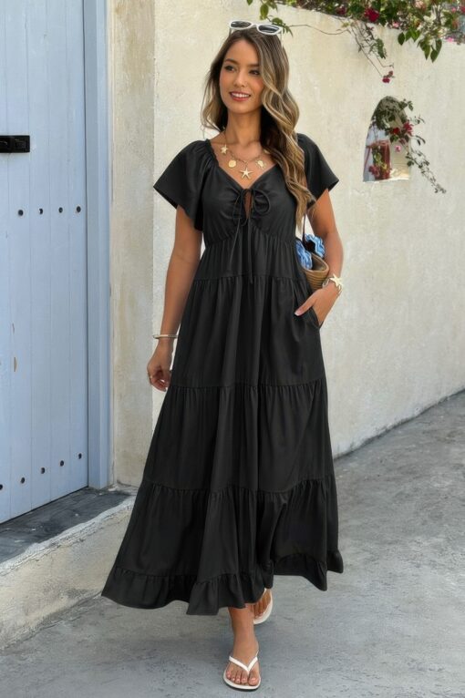 Cross V Neck Knot Pockets Ruffle Hem Dress - Image 3