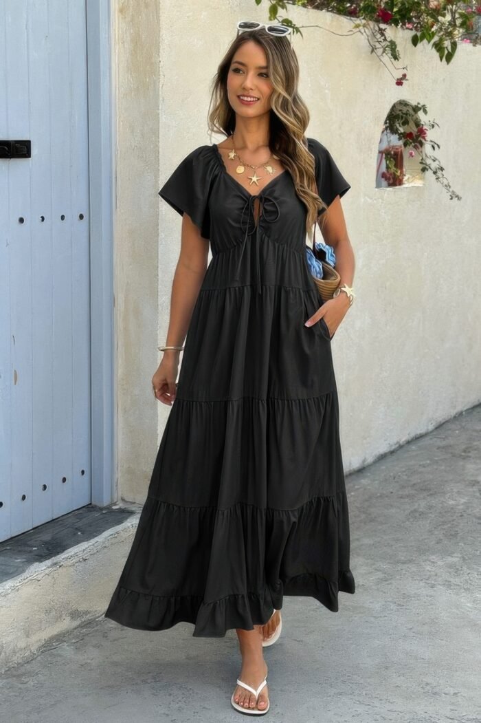 Cross v neck knot pockets ruffle hem dress