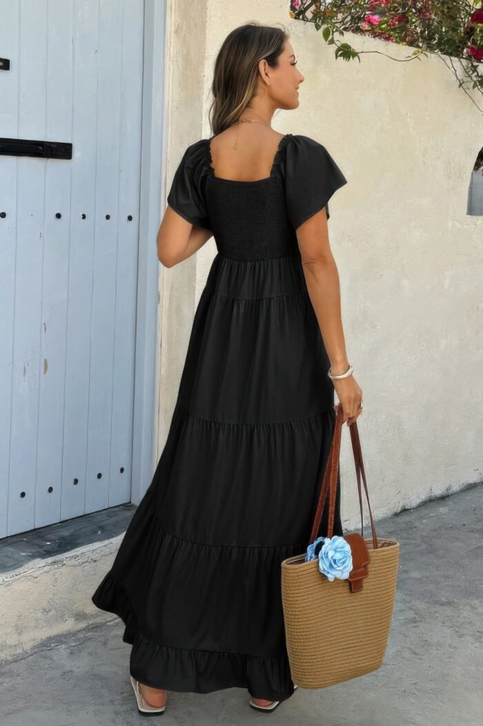 Cross v neck knot pockets ruffle hem dress