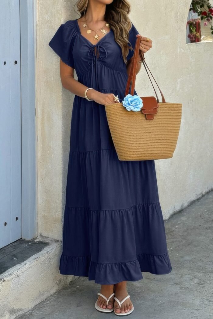Cross v neck knot pockets ruffle hem dress