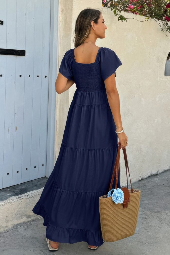 Cross v neck knot pockets ruffle hem dress