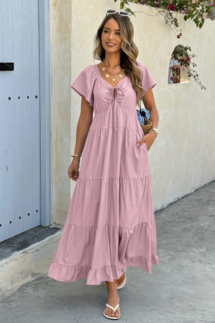 Cross v neck knot pockets ruffle hem dress