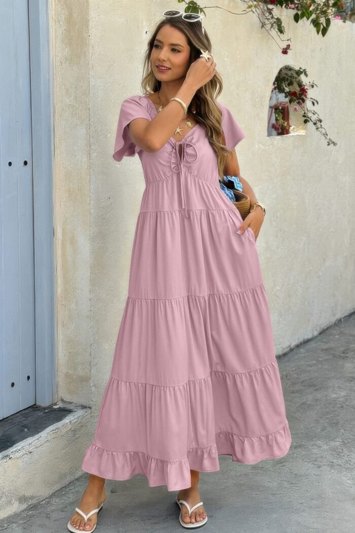 Cross v neck knot pockets ruffle hem dress