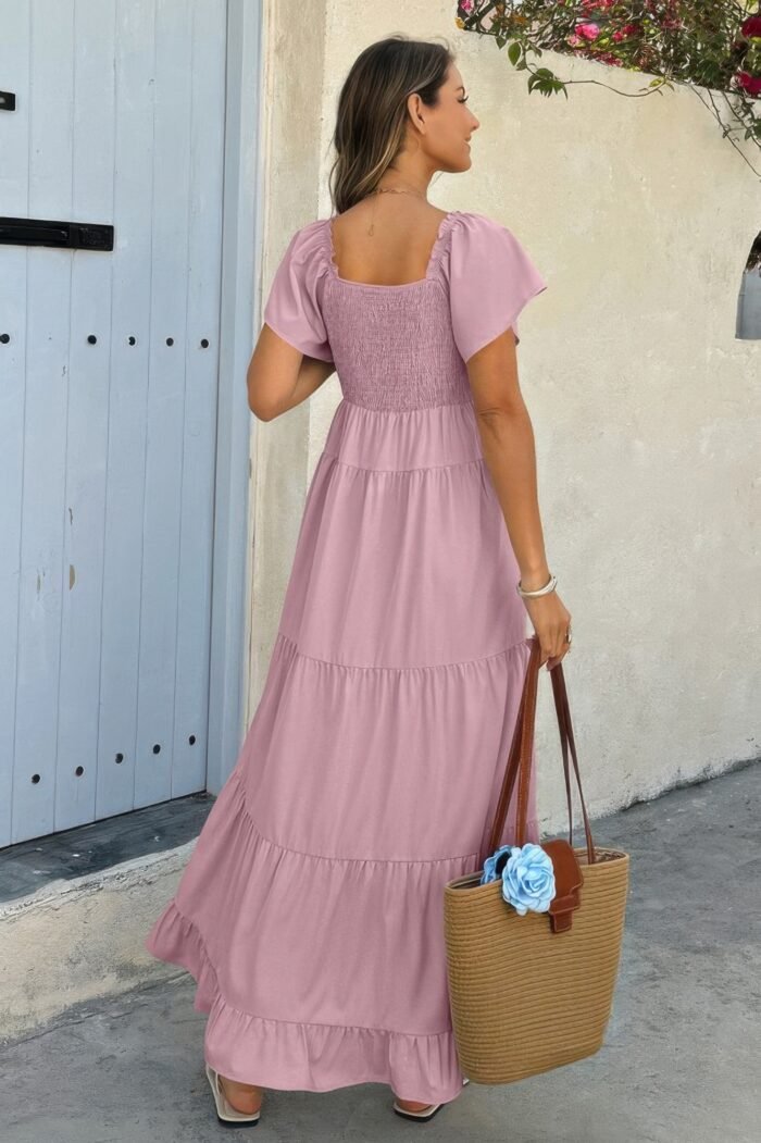 Cross v neck knot pockets ruffle hem dress