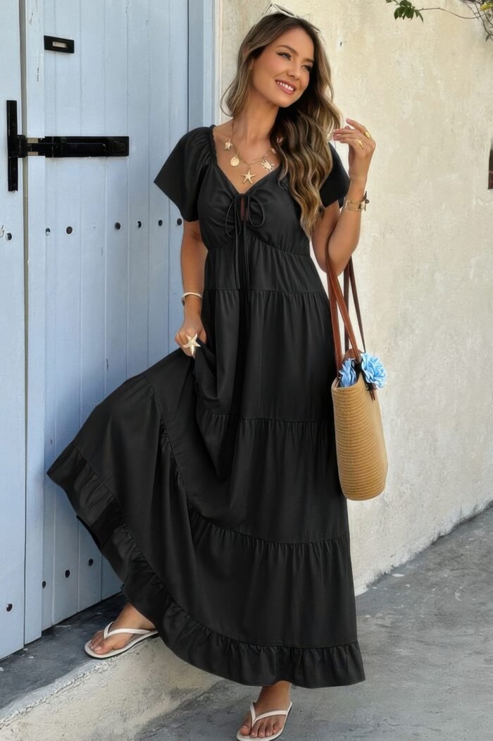 Cross v neck knot pockets ruffle hem dress