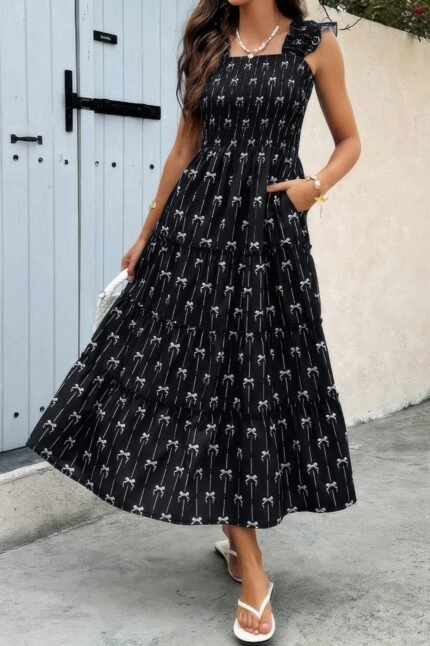 A Line Print Square Neck Sleeveless Pocket Dress
