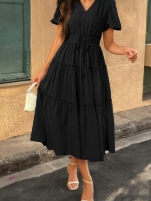 Solid V Neck Puff Sleeve Elastic Waist Dress