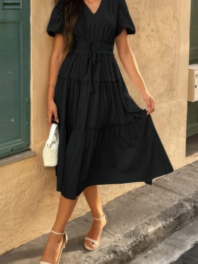Solid V Neck Puff Sleeve Elastic Waist Dress Solid V Neck Puff Sleeve Elastic Waist Dress