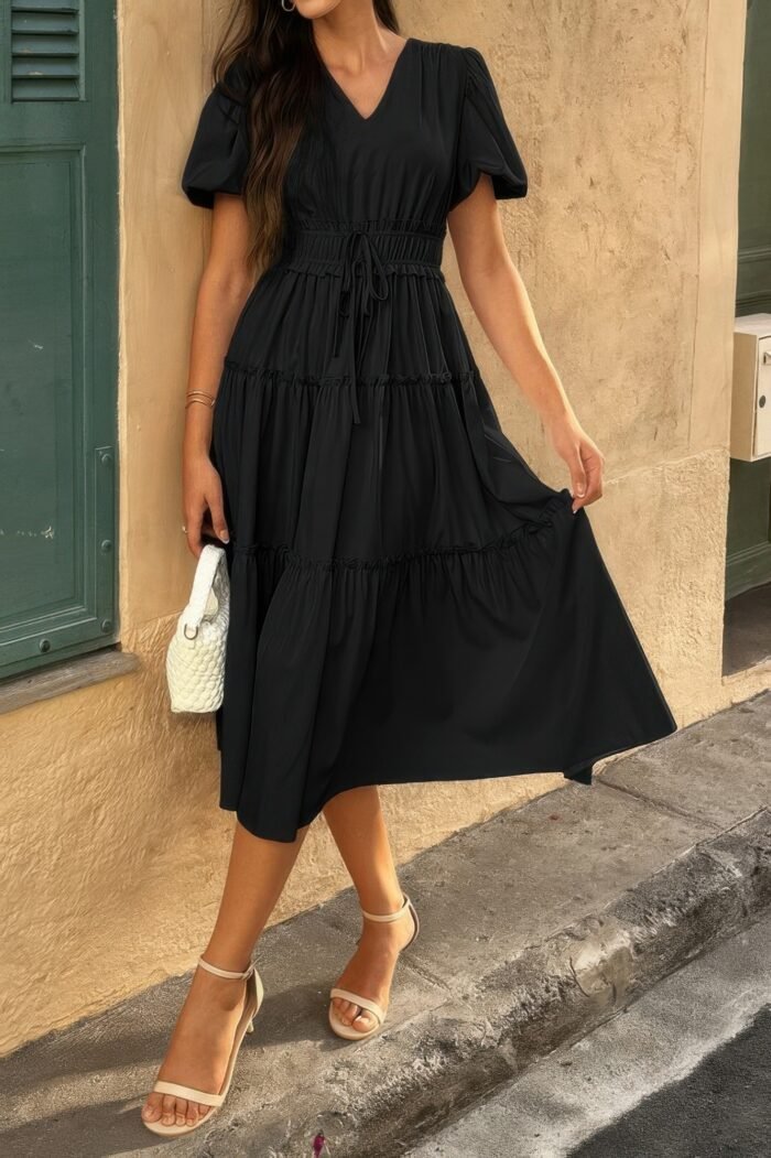 Solid v neck puff sleeve elastic waist dress