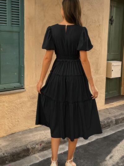 Solid V Neck Puff Sleeve Elastic Waist Dress Solid V Neck Puff Sleeve Elastic Waist Dress