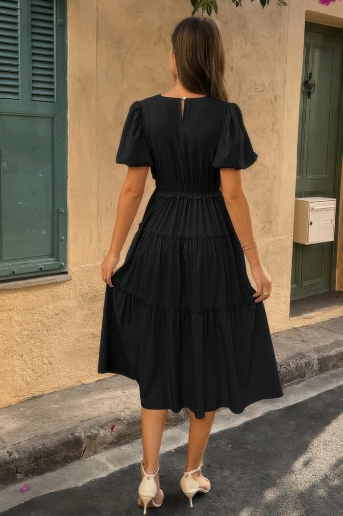 Solid v neck puff sleeve elastic waist dress