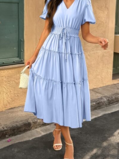 Solid V Neck Puff Sleeve Elastic Waist Dress Solid V Neck Puff Sleeve Elastic Waist Dress