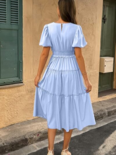 Solid V Neck Puff Sleeve Elastic Waist Dress Solid V Neck Puff Sleeve Elastic Waist Dress