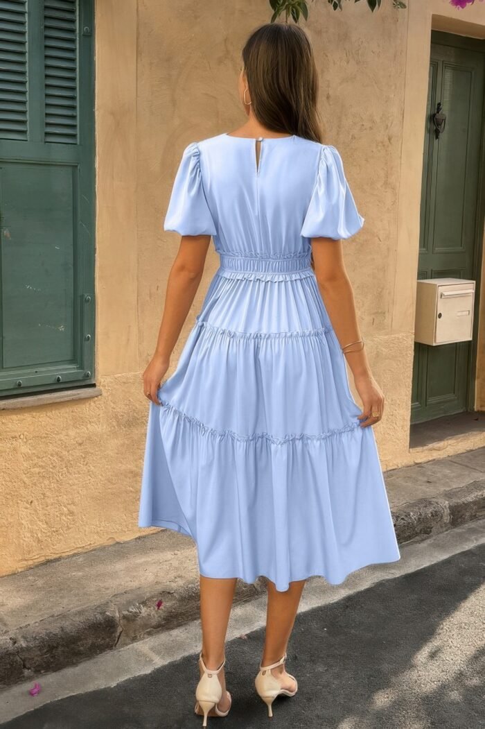 Solid v neck puff sleeve elastic waist dress