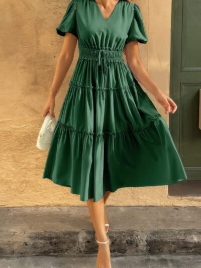 Solid V Neck Puff Sleeve Elastic Waist Dress Solid V Neck Puff Sleeve Elastic Waist Dress