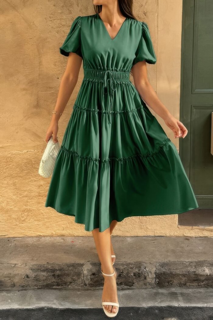 Solid v neck puff sleeve elastic waist dress